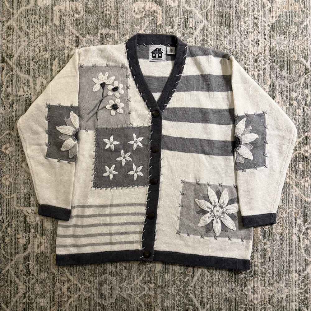 Vintage Storybook Knits Retro Grey | 2hite Floral Patchwork Cardigan.